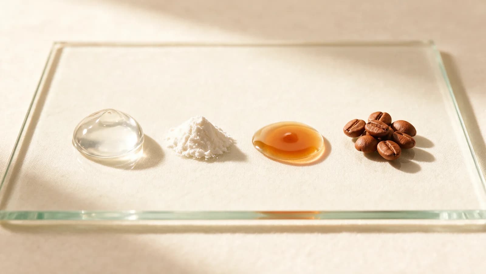 Quatre textures cosmétiques alignées sur une plaque de verre : gel transparent, poudre blanche, liquide ambré et grains de café