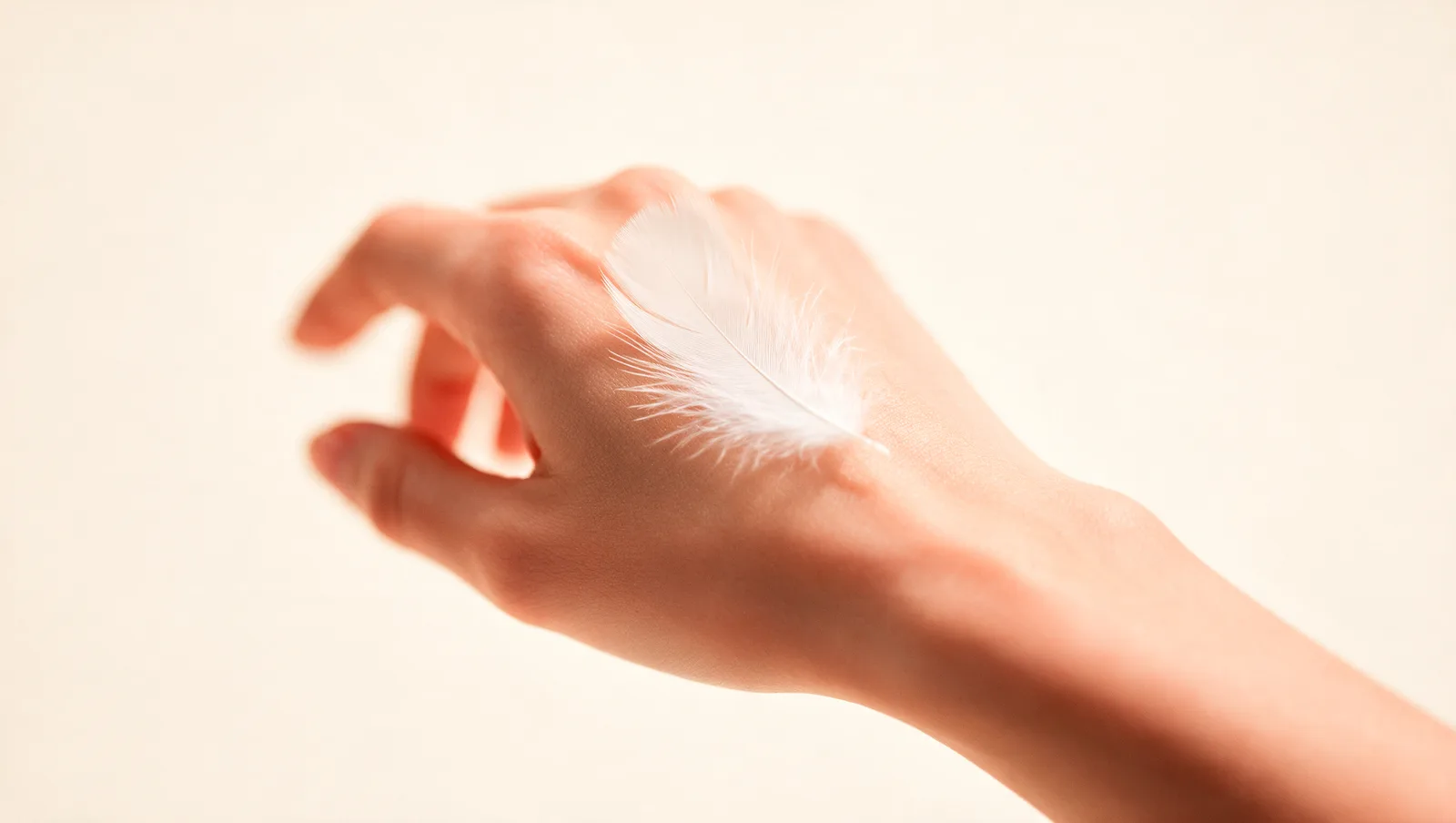 Plume blanche posée sur le dos d’une main à la peau claire, fond crème