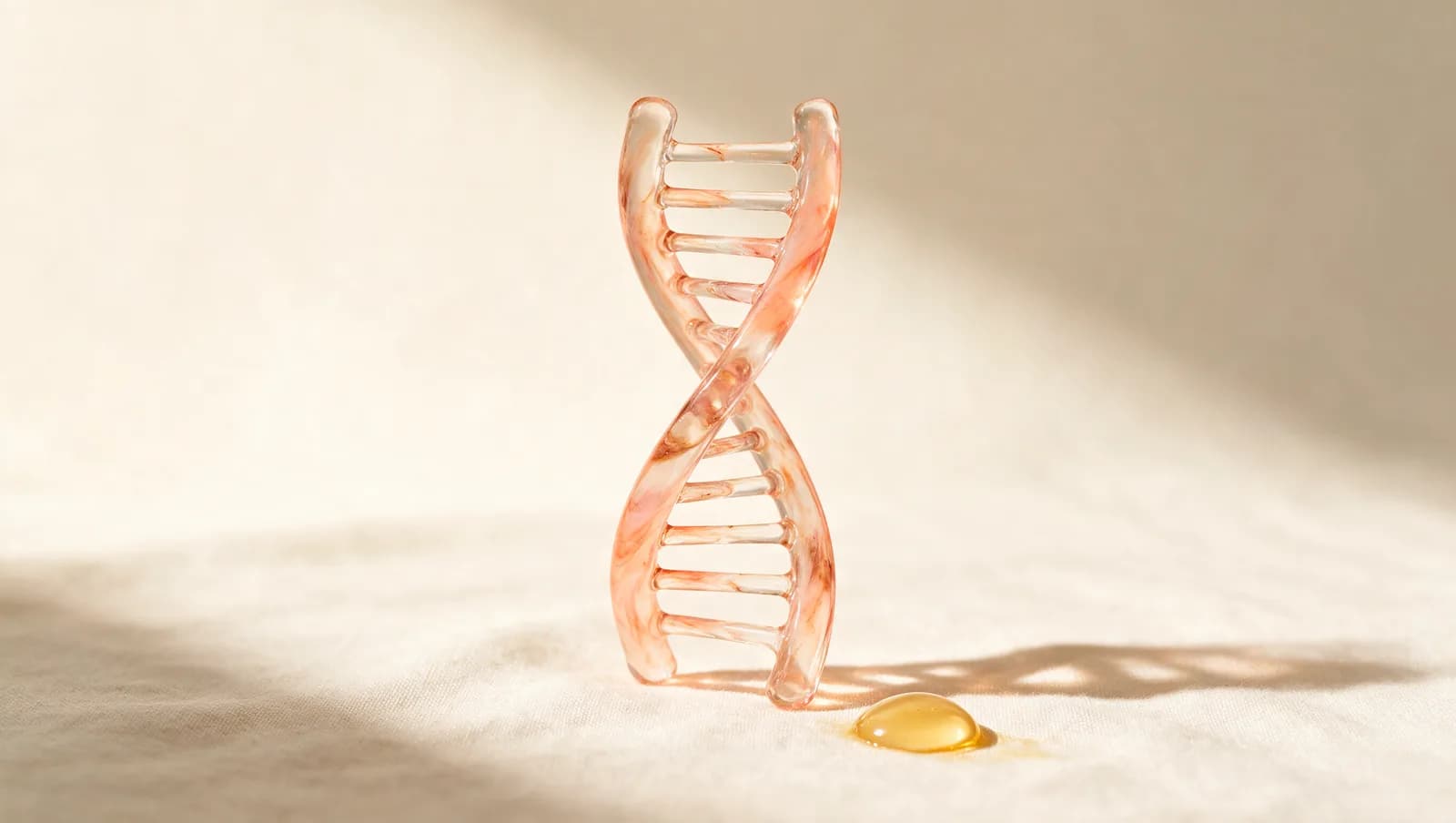 Double hélice d’ADN en verre soufflé translucide posée sur du lin crème, à côté d’une goutte d’essence dorée