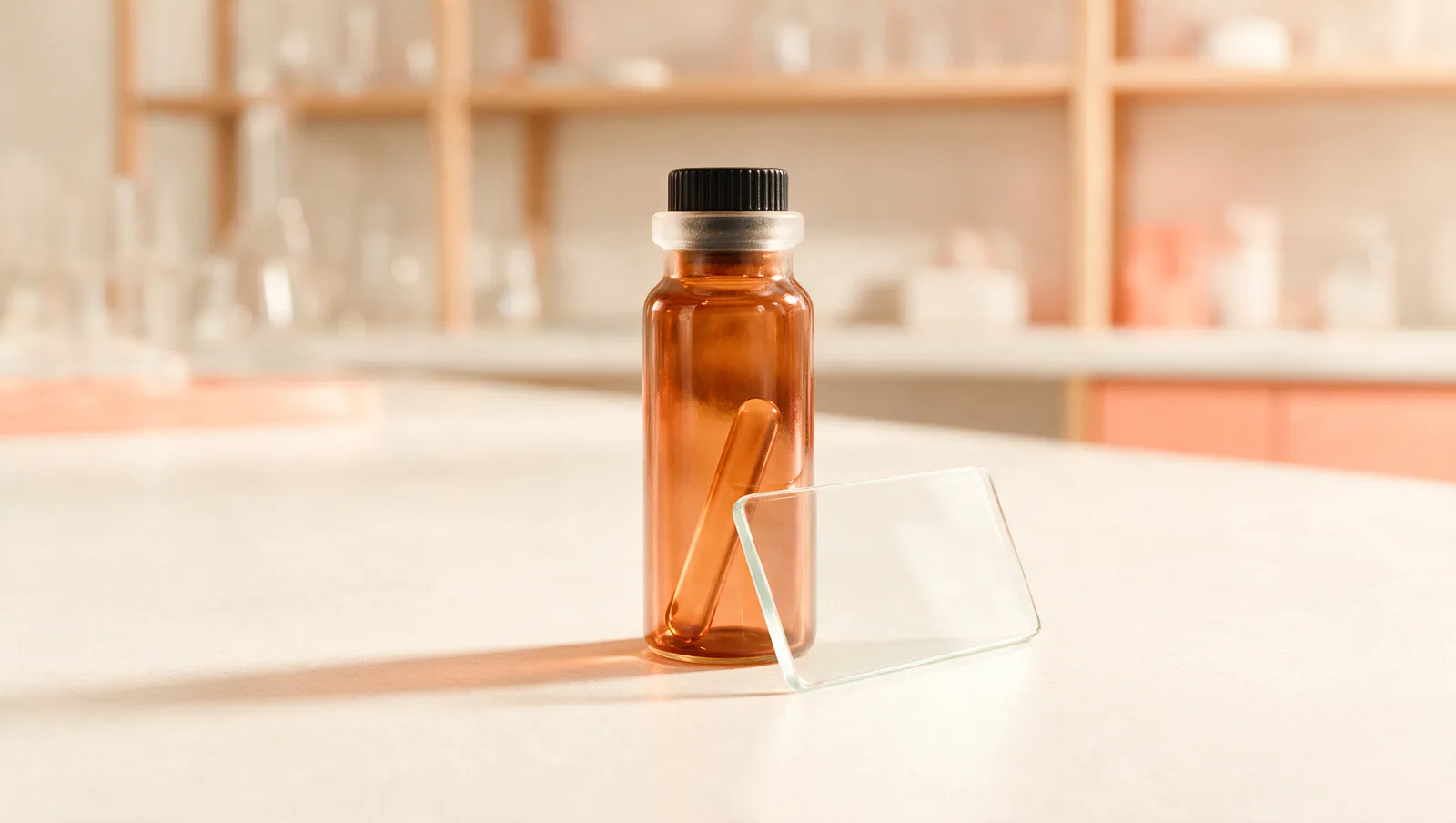 Fiole de laboratoire en verre ambré et lame de microscope posées sur une paillasse claire