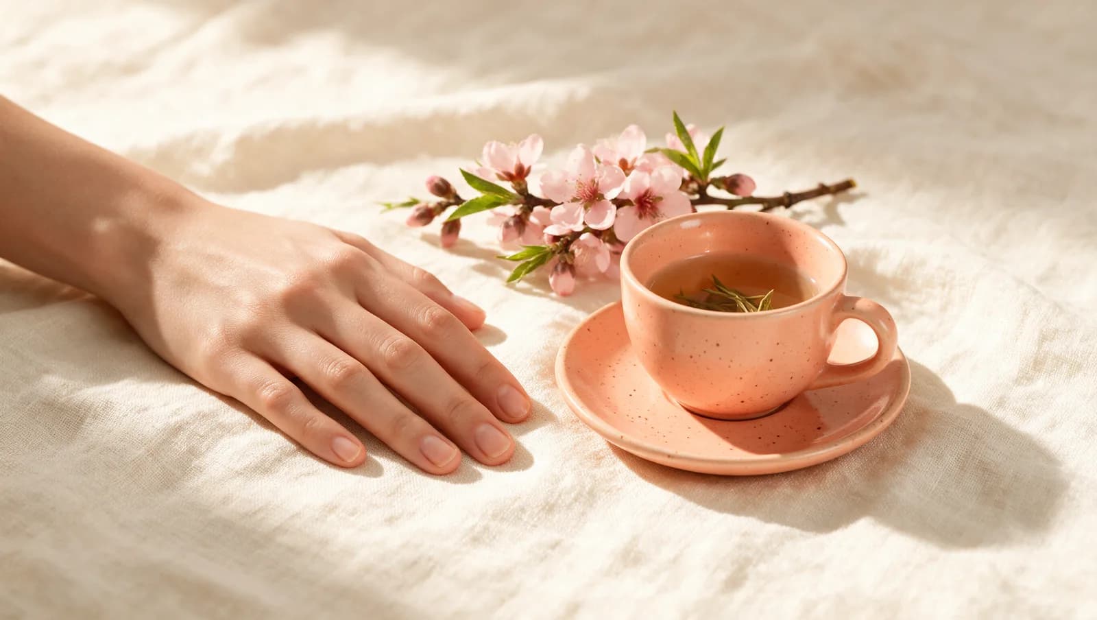 Main de femme posée à plat sur du lin crème, à côté d’une tasse de thé et d’une branche de fleurs de pêcher