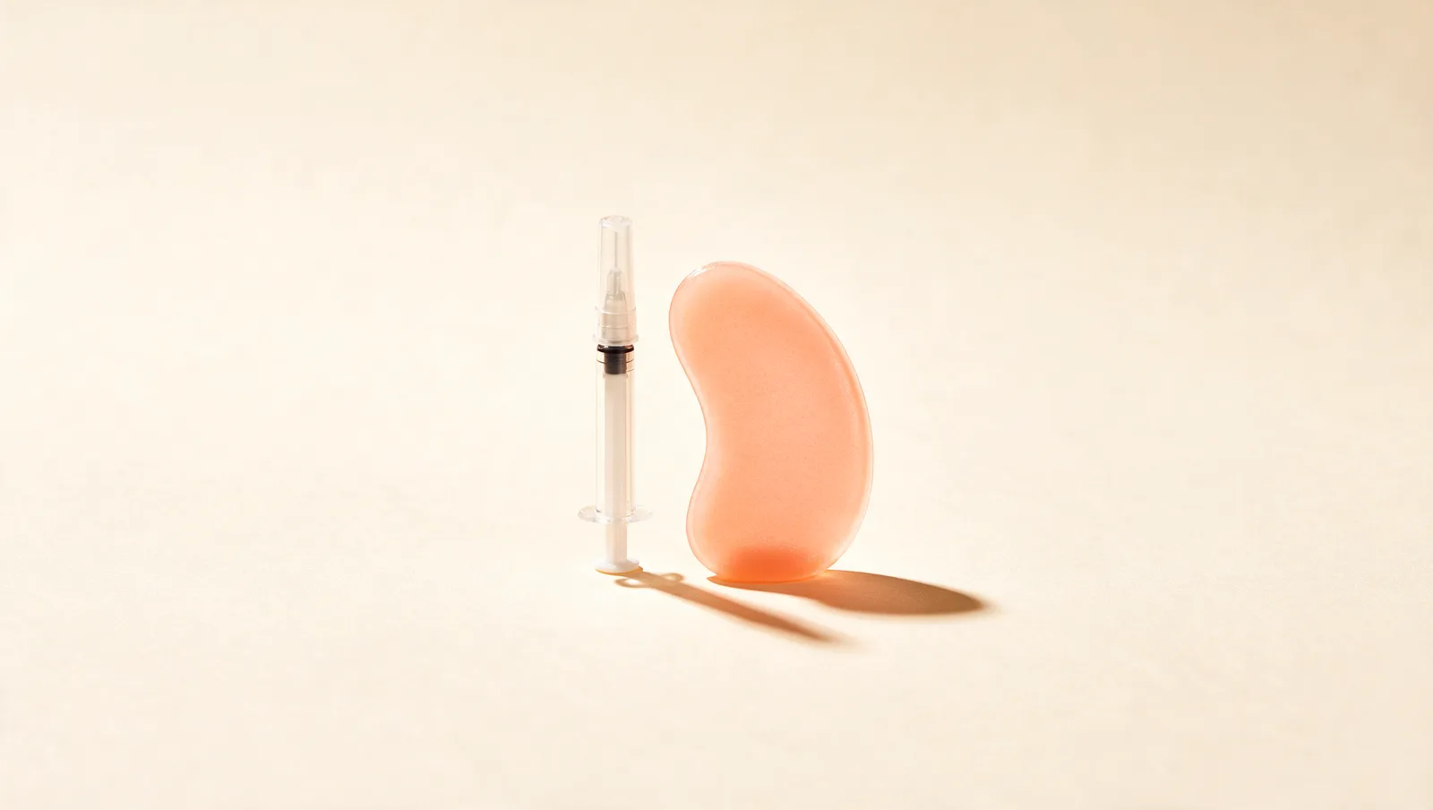 Seringue médicale capuchonnée posée à côté d’un patch hydrogel pêche, fond crème