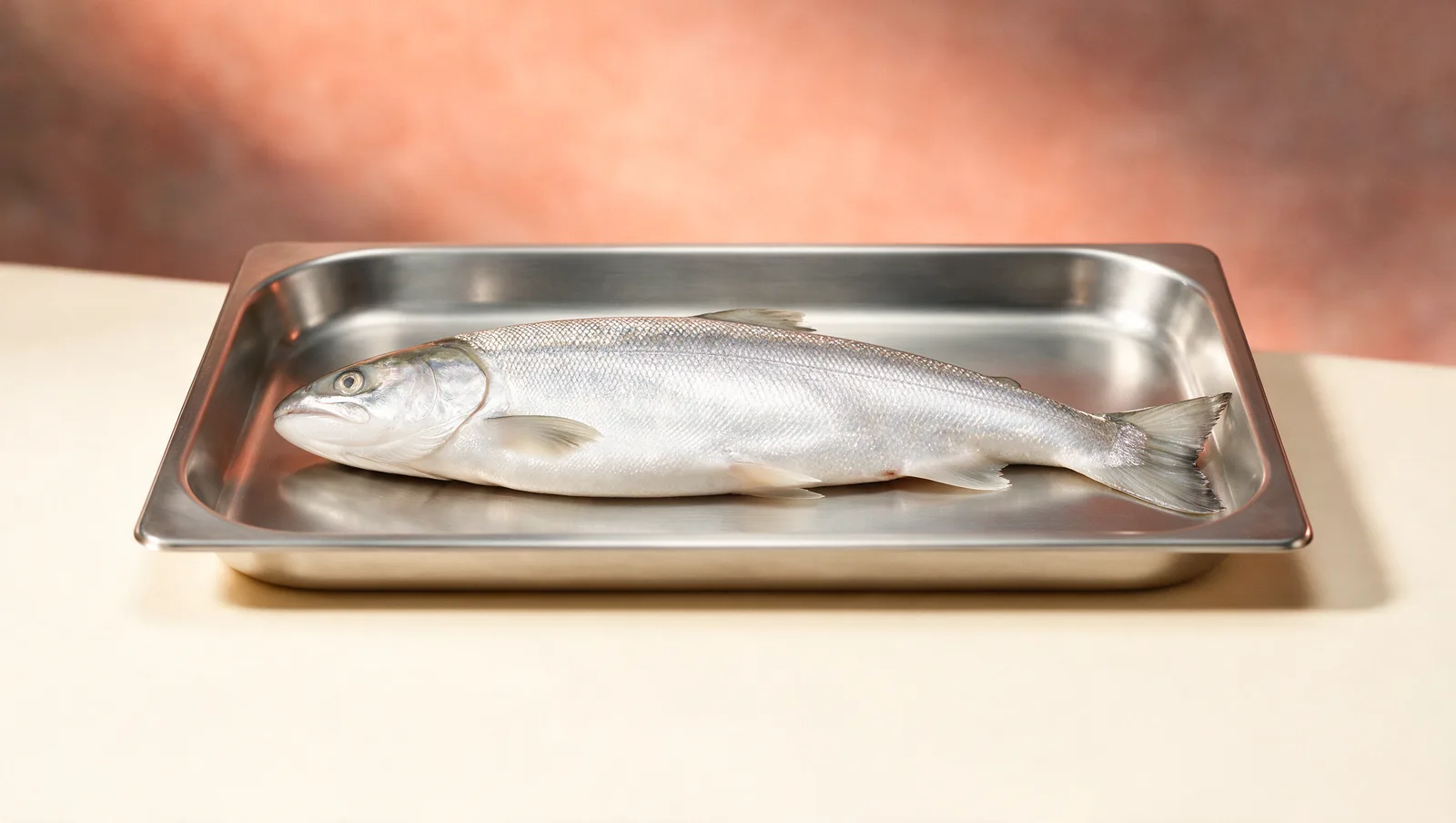 Saumon argenté entier posé sur un plateau en inox brossé, lumière clinique