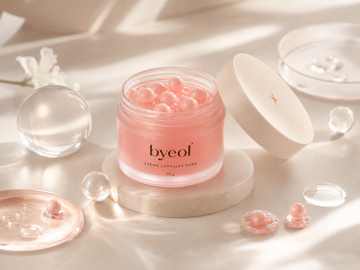 Pot ouvert de Crème Capsules PDRN Byeol entouré de capsules roses et de textures translucides