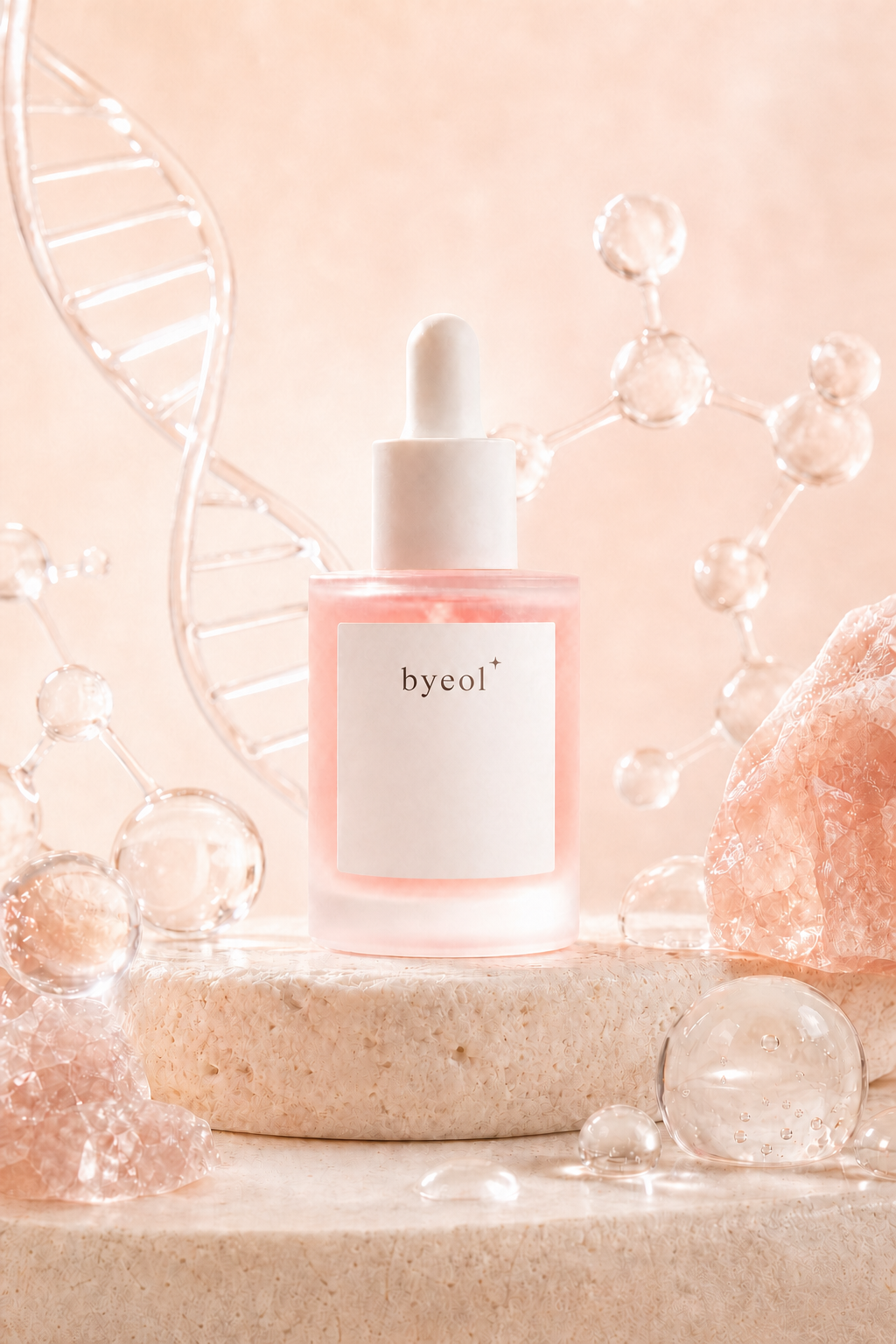Flacon Byeol PDRN Peptide Serum entouré d'éléments évoquant ses actifs